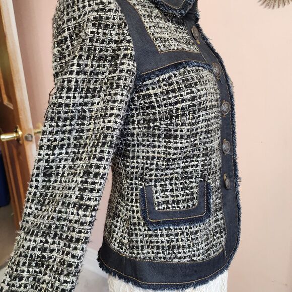 Flawless Morgan de toi unique tweed denim fringe unique jacket blazer T 40 L - Picture 7 of 13